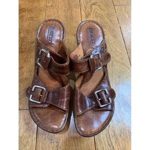 Born Brown Leather Open Toe Buckle Straps Heel Sandals Women's Size 8